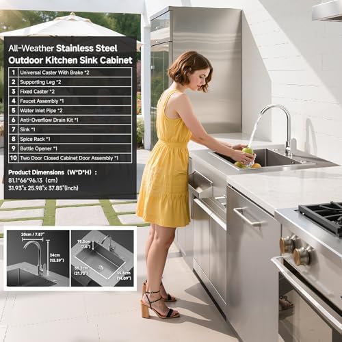 BODEGA Stainless Steel Outdoor Kitchen Sink Cabinet, Outdoor Sink With Hose Hook Up,Single Bowl Kitchen Sinks With Brake Wheels & Spice Rac, All-Weather Use, Mobile Prep Station for BBQ, Camping, RV. - Image 2