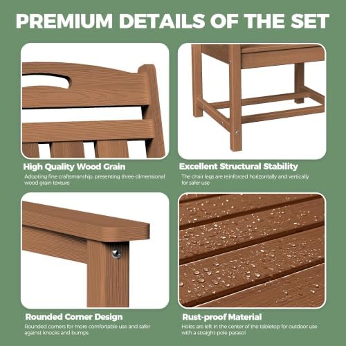 HDPE Outdoor Dining Set, Patio Table and 4 Chairs, 2" Umbrella Hole, Teak - Image 6