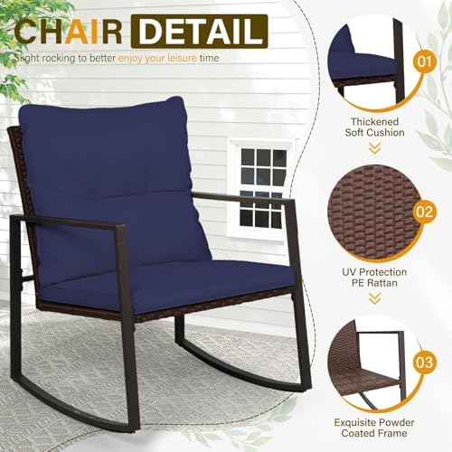 SUNCROWN 3 Piece Outdoor Rocking Bistro Set Brown Wicker Furniture Porch Chairs Conversation Sets with Glass Coffee Table, Dark Blue - Image 6