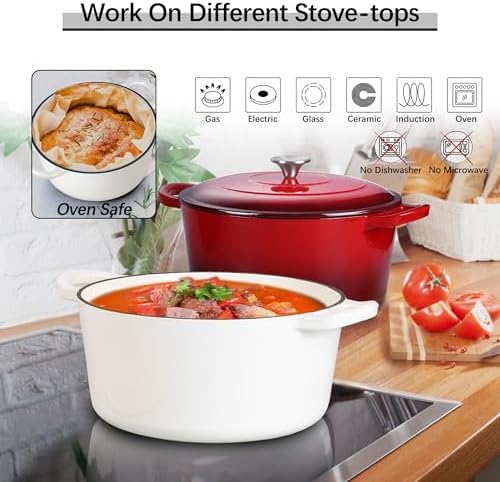 E-far 7QT Enameled Dutch Oven, Cast Iron Dutch Oven Pot with Lid for Cooking/Bread Baking/Braising/Roasting/Stewing, Heavy Duty Round Nonstick Cookware Safe for Induction & Oven - White - Image 6