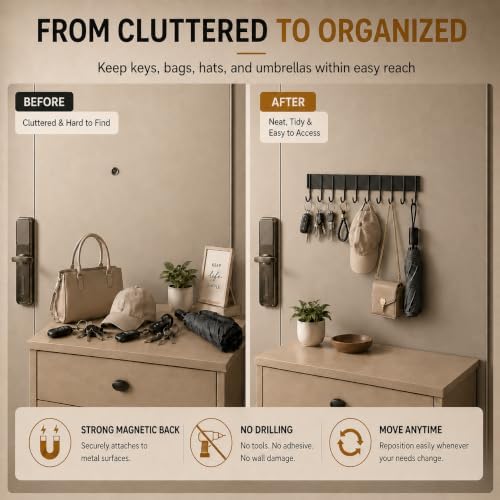 Magnetic Key Holder For Fridge With 10 Hooks, Magnetic Utensil Holder For Wall, Strong Magnetic Key Hanger Hooks Organizer, Magnent Key Rack For Kitchen Metal Door Garage Grill Tools Coat Towel Purse - Image 3