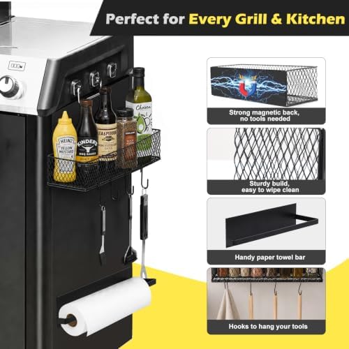 2 Pack Magnetic Grill Caddy Organizer with Paper Towel Holder and 8 Hooks, Outdoor Magnetic Storage Bins for BBQ Tools and Seasonings, Magnetic Grill Organizer for Pellet Grill Accessories - Image 6