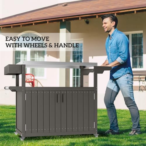 Outsunny Outdoor Bar Cart with Storage Cabinet Kitchen Island Dark Gray - Image 7