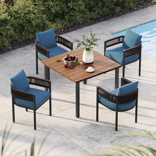Grand patio 5-Piece Outdoor Dining Set for 4, Metal Woven Wicker Fixed Patio Chairs with Thickened Cushions & 1 Square Woodgrain Dining Table with Umbrella Hole for Backyard Deck (Brown) by GrandPatio