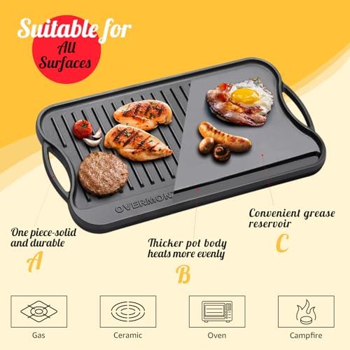 Overmont Reversible Cast Iron Grill - 17" x 9.8" Dual-Sided Griddle Pan - Image 3