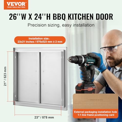 VEVOR BBQ Access Door, 26W x 24H Inch Double Outdoor Kitchen Door, Stainless Steel Flush Mount Door, Wall Vertical Door with Handles, for BBQ Island, Grilling Station, Outside Cabinet, Silver - Image 2