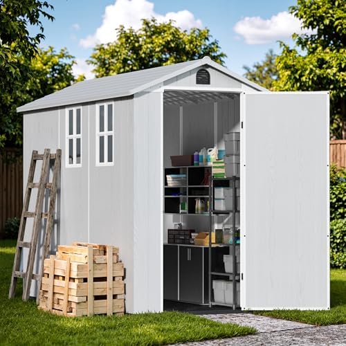 Devoko 4×8 FT Resin Outdoor Storage Shed with Floor, Light Grey by DEVOKO