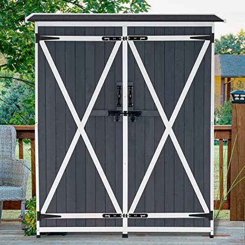 MCombo Outdoor Storage Cabinet with Shelves, Wood Garden Shed with Floor, Outside Tool Shed with 2 Lockable Doors for Backyard Patio Lawn, 1400 (Gray) - Image 2