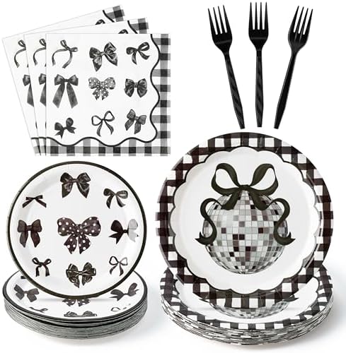 96Pcs Black Bow Coquette Watercolor Disco Ball Party Plates Supplies - Party Tableware Decorations Disposable Paper Plates Napkins Forks for Birthday Bachelorette Engagement, Serves 24 by G1ngtar