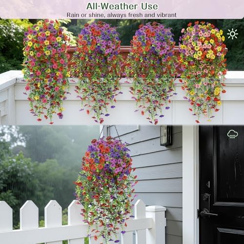Alupssuc 8PCS Artificial Hanging Flowers UV Resistant Silk Daisy, 4 Colors - Image 3