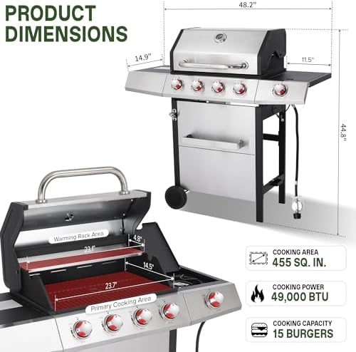 Gas and Charcoal Grill Combo with Side Burner, 4-Burner Propane Grill and Griddle Combo with Porcelain-Enameled Cast Iron Grates & Double-Wall Insulated Lid, 49,000 BTU Outdoor BBQ Grill - Image 2