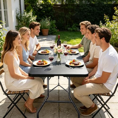 HKLGorg 8ft Folding Table, Black Plastic Foldable Party Dining Table - Image 4