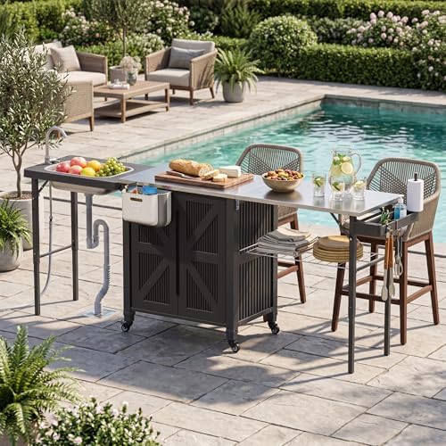 3-in-1 Outdoor Grill Cart with Sink & Faucet, Stainless Steel Top Outdoor Kitchen Island, Prep Table with Foldable Side Table, Storage Cabinet, Rolling Grill Station with Wheels for Patio, Backyard by PolarAurora
