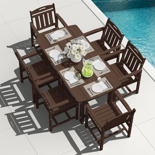 HDPE Outdoor Patio Dining Set with Table & 6 Chairs, All-Weather 7-Piece Outdoor Table and Chairs, 2" Umbrella Hole, Patio Furniture for Garden, Backyard, Deck | Brown by Suunyn