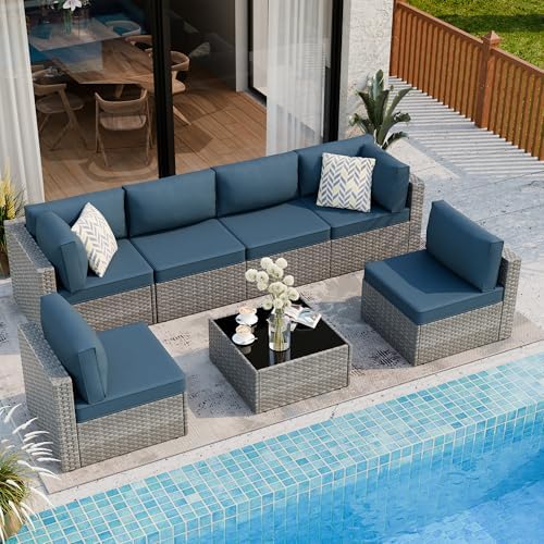 7 Piece Outdoor Patio Furniture Set with Silver PE Rattan, Navy Blue by Shintenchi%7CFurnitureMadeforRealLife