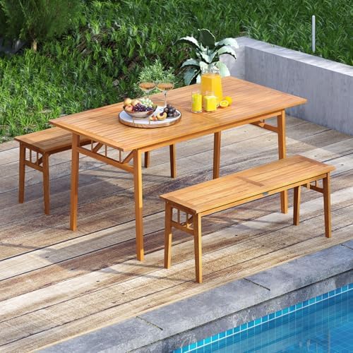 Tangkula 3 Pieces Patio Dining Set, Acacia Wood Space Saving Outdoor Rectangular Picnic Table with 1.97” Umbrella Hole and 2 Benches, for Yard, Garden and Poolside - Image 2