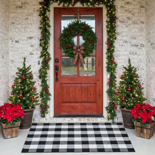 MUBIN Fall Decor Cotton Buffalo Plaid Rug, 3' x 5' Black and White Outdoor Rug Front Door Decorative Mat, Washable Doormat Foldable Area Rug Layered Door Mats Rug for Front Porch, Entryway, Patio - Image 4