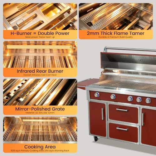49" Red Stainless Steel Grill, 4 Burners & Infrared Burner, Natural Gas - Image 6