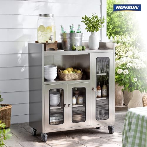 ROVSUN Stainless Steel Table with Cabinet & Wheels, 35.4" x 15.7" Commercial Kitchen Storage Cabinet for Pre Work with Glass Door, Large Storage Space for Kitchen Restaurant Garage Outdoor - Image 7