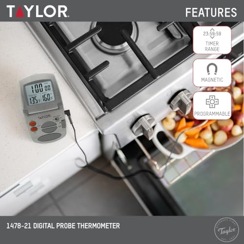 Taylor Precision Products Programmable with Timer Instant Read Wired Probe Digital, Meat, Food, Grill BBQ Cooking Kitchen Thermometer, Stainless Steel - Image 2