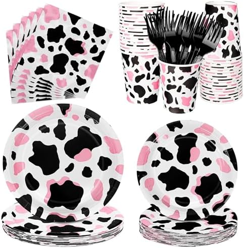 Kochorie 144 Pieces Pink Cow Print Party Supplies, Cowgirl Pink Cow Tableware Sets Including Disposable Paper Plates Napkins Cups Forks Serves 24 for Baby Shower Birthday Party Decorations by Kochorie