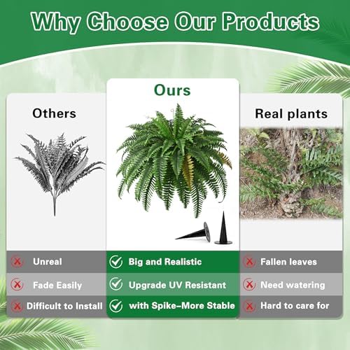 4PCS 45in Fake Ferns- Outdoor Faux Plants, Large UV Resistant Artificial Ferns for Outdoors, Weatherproof Faux Boston Fern Realistic Fake Artificial Plant for Porch Home Garden Patio Hanging Decor - Image 6