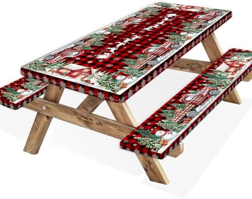 Christmas Picnic Table Cover with Bench Covers and Bag, Camping Essentials, Red Plaid Xmas Waterproof Windproof, Fitted Tablecloth Cover with Elastic Edge, for Indoor & Outdoor, 3 PCS, 30x60 Inch by Xguatan