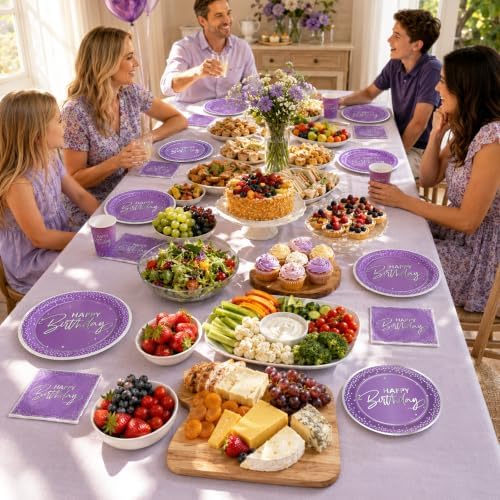 250Pcs Purple Silver Birthday Party Plates Serves 50 - Image 6