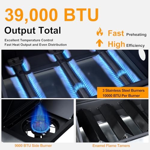 39000 BTU Output Propane Gas Grill with Side Burner and 3 Main Burners - Double-layer Stainless Steel Lid, Cast Iron Grids, Easy-Clean Grease Management & Even Heat Distribution for Perfect BBQs - Image 4