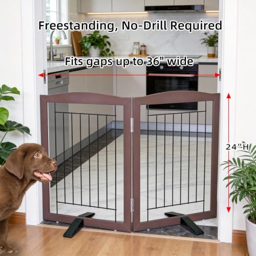 ZJSF Freestanding Dog Fence Indoor, Foldable Dog Gate for Doorways, Stairs or Hallways, Sturdy Wood Extra Wide Pet Gate with Support Feet for The House, Brown, 24 "Height-2 Panels - Image 2
