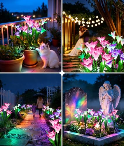 KOOPER Outdoor Solar Lights, 8 Pack Solar Garden Light with Bigger Lily Flowers, Waterproof 7 Color Changing Solar Lights Outdoor - Bigger Panel for Patio Yard Garden Decoration, Gift for Mom - Image 6