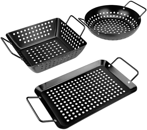 Qetumst Small Non-Stick 3 Piece Grill Basket Set – BBQ Grilling Basket for Vegetables, Seafood & Meat – Heavy Duty Perforated Grill Pan for Charcoal, Gas and Outdoor Grills, Easy to Clean Grilling Accessories by AStarterKitforAnyGriller