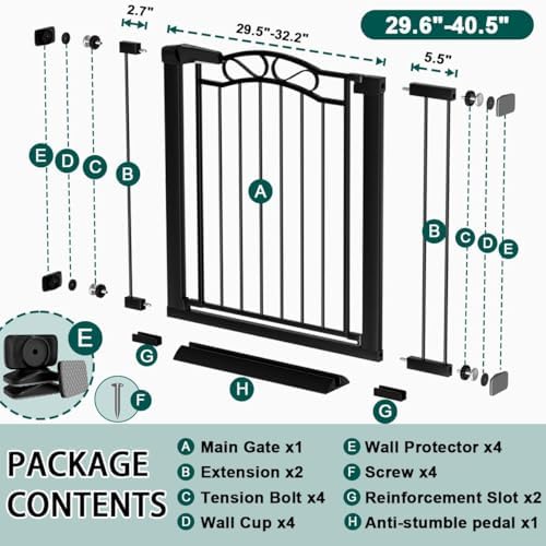 Fairy Baby 29.5"-40.5" Extra Wide Baby Gate, Pressure Mount Long Dog Gates for House Stairs Doorways, Auto Close Metal Safety Child Gate with Door No Drilling, Tension Pet Gate Indoor, Black - Image 2