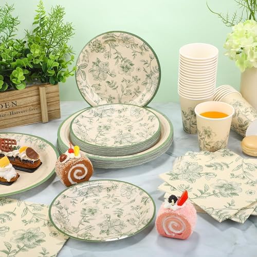Kochorie 96 Pieces Sage Green Floral Party Supplies Elegant Floral Disposable Tableware Set Includes 9 Inch and 7 Inch Paper Plates, Cups, Napkins Serves 24 Guests for Birthday Baby Shower Wedding - Image 5