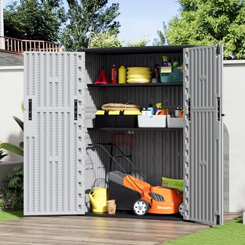 HOMSPARK Outdoor Storage Shed 57 Cu.Ft, All-Weather Resistant Resin Garden Sheds & Outdoor Storage Clearance with Floor, Double-Layer Plastic Tool Sheds for Patio, Garden & Lawn (Light Gray) - Image 4