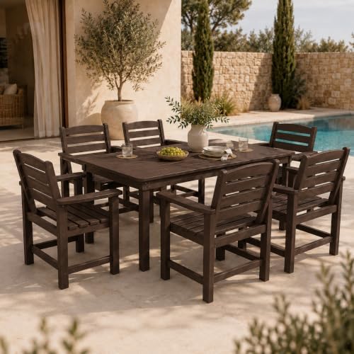 7 Pcs Outdoor Patio Dining Set, HDPE Table & Chairs with Umbrella Hole - Image 4