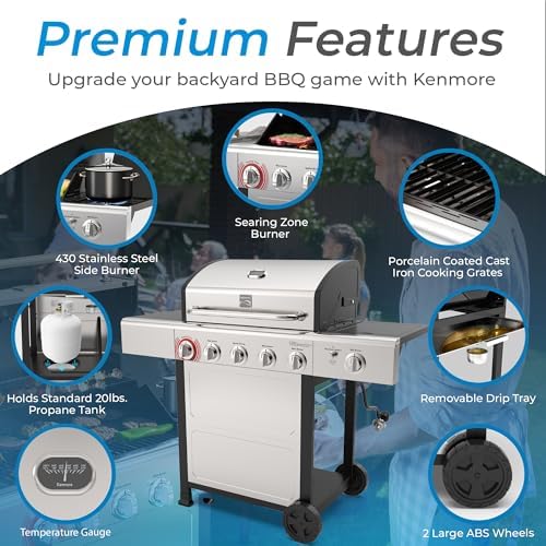 Kenmore 4-Burner Gas Grill with Side Burner, Outdoor BBQ Grill, Propane Gas Grill, Cast Iron Cooking Grates, Electronic Ignition, Warming Rack, Open Cart Design, 53000 BTUs, Stainless Steel - Image 5