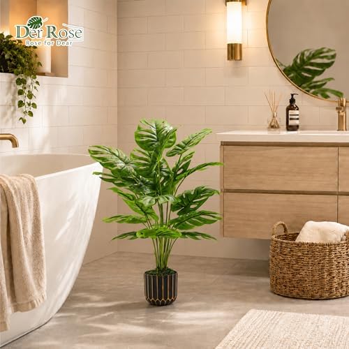 Der Rose 28" Fake Plants, Monstera Plant in Black Gold Pot for Home Decor - Image 2