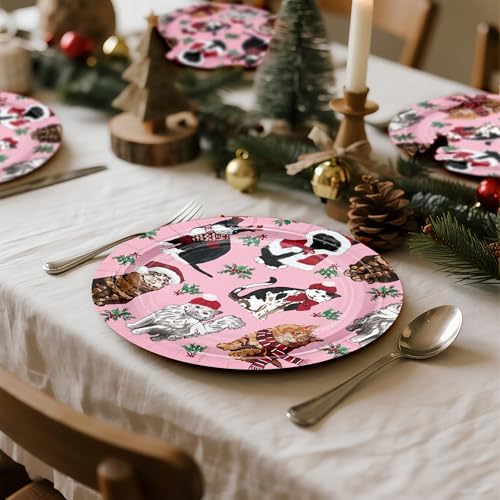 WRAPAHOLIC 25Pcs Christmas Paper Plates - 9 Inch Pink Mistletoe and Cat Disposable Plates Decorative Dinner Plates for Christmas Party Tableware Supplies Table Decor - Image 3