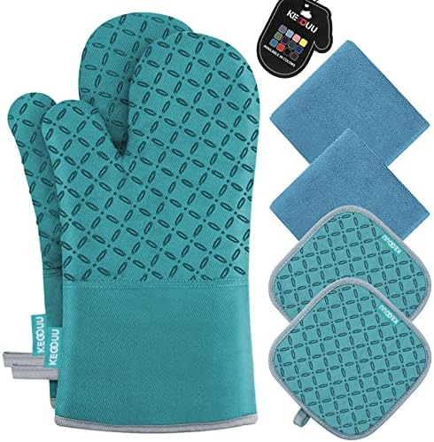 KEGOUU Oven Mitts and Pot Holders 6pcs Set, Kitchen Oven Glove High Heat Resistant 500 Degree Extra Long Oven Mitts and Potholder with Non-Slip Silicone Surface for Cooking (Lake Blue) by KEGOUUOvenMitt