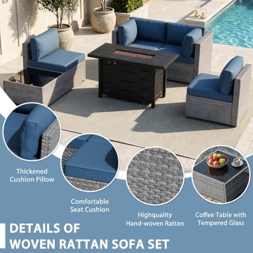 Shintenchi 6 Piece Outdoor Patio Furniture Set with 43 Inch Propane Fire Pit, Washable Cushions, Glass Coffee Table, Waterproof Cover & CSA Certified for Backyard Poolside, Silver PE Rattan/Navy Blue - Image 4