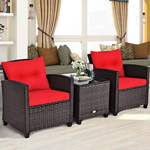 Tangkula 3 Pieces Patio Furniture Set, PE Rattan Wicker 3 Pcs Outdoor Sofa Set w/Washable Cushion and Tempered Glass Tabletop, Conversation Furniture for Garden Poolside Balcony (Red) - Image 3