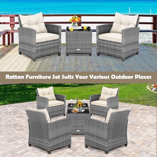 Tangkula 3 Pieces Patio Furniture Set, PE Rattan Wicker 3 Pcs Outdoor Sofa Set w/Washable Cushion and Tempered Glass Tabletop, Conversation Furniture for Garden Poolside Balcony (Mix Grey-White) - Image 6