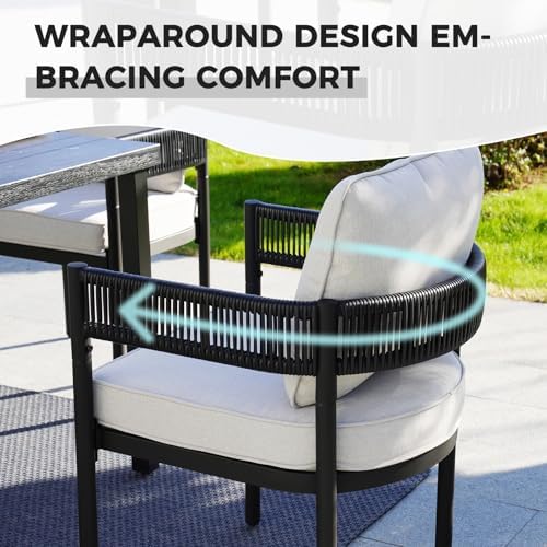 Grand patio 5-Piece Outdoor Dining Set for 4, Metal Woven Wicker Fixed Patio Chairs with Thickened Cushions & 1 Square Woodgrain Dining Table with Umbrella Hole for Backyard Deck (Black) - Image 2