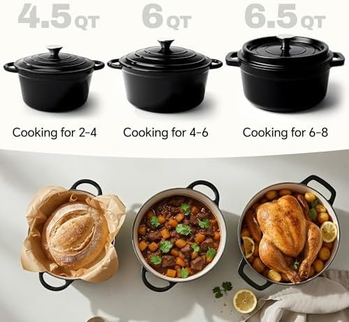 4.5 Quart Dutch Oven Pot with Lid, Non Stick Enameled Cast Iron Dutch Oven for Bread Baking,Heavy-Duty, Oven Safe Ceramic Cookware Up to 500°F for Baking, Braising, Stews, Roasting, Black - Image 3