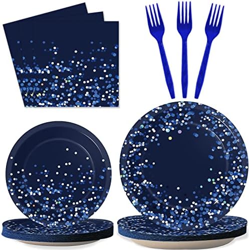 96 Pcs Blue and Silver Party Supplies Dot Confetti Paper Plates Sparkly Glitter Theme Party Decoration Confetti Party Tableware Set Bridal Shower Birthday Party Paper Plate Napkin Fork 24 Guests by Wiooffen
