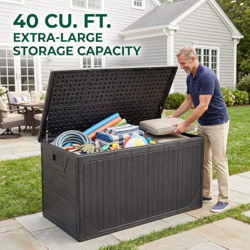 330 Gallon Outdoor Storage Deck Box, Extra Large Waterproof Resin Storage Box for Patio Cushions, Garden Tools, Pool Supplies, Outdoor Furniture Accessories, Black - Image 4