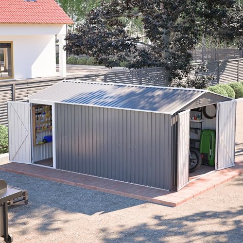 YOPTO 10x14 FT Outdoor Storage Shed,Metal Shed W/Lockable Doors & Floor Frame,Garden Tool House W/Sloped Roof & 4 Air Vents,for Backyard Patio Lawn,Light Gray - Image 2