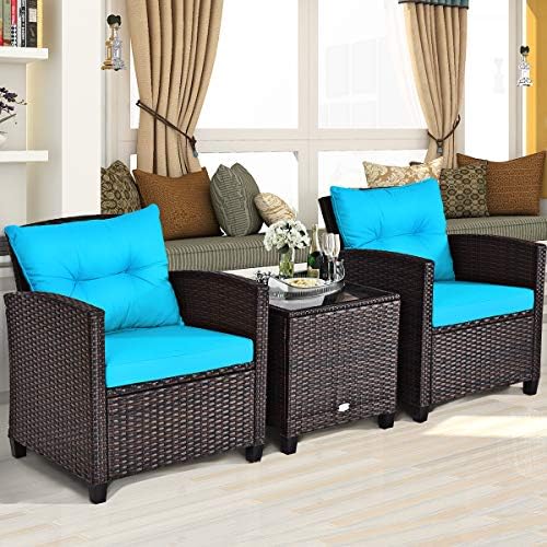 Tangkula 3 Pieces Patio Furniture Set, PE Rattan Wicker 3 Pcs Outdoor Sofa Set w/Washable Cushion and Tempered Glass Tabletop, Conversation Furniture for Garden Poolside Balcony (Turquoise) - Image 3