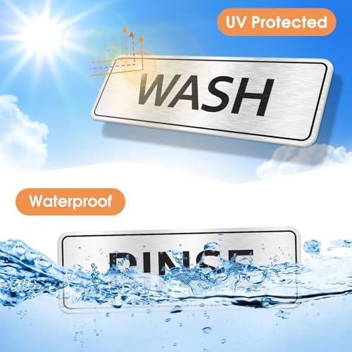 Faittoo Wash Rinse Sanitize Sink Labels Signs with Employees Must Wash Hands Sign, (4 Pack) 9" x 3" Rust Free Brushed Aluminum Sign, Self-adhesive, for Restaurant, Hotel, Rest Stops, Company - Image 4